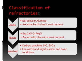 Classification of
refractories:
          • Eg: Silica or Alumina
 Acidic   • Are attacked by basic environment


          • Eg: CaO Or MgO
 Basic    • Are attacked by acidic environment

        • Carbon, graphite, SiC, ZrO2
        • Can withstand slightly acidic and basic
neutral conditions
 