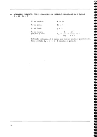 53. BOBINADO TRIFASICO, CON 2 CIRCUITOS EN PARALELO, IMBRICADO, DE 2 CAPAS
K = 2 4 2 p = 4
N.O de ranuras: K = 24
N.O de polos: 2p = 4
N." de fases: q = 3
N.O de ranuras
por polo y fase:
Bobinado imbricado, de 2 capas, con bobinas iguales y pi-efabricaclas.
Paso acortado Y, = 1 t-6 . 2 circuitos en paralelo
 