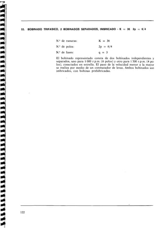 55. BOBINADO TRIFASICO, 2 BOBINADOS SEPARADOS, IMBRICADO - K = 36 2p = 614
N . O de ranuras: K = 36
N . O de polos: 2p = 614
N.O de fases: q = 3
El bobinado representado consta de dos bobinados independientes y
separados, uno para 1000 r.p.m. (6 polos) y otro para 1500 r.p.m. (4 po-
los), conectados en estrella. El paso de la velocidad menor a la mayor
se realiza por medio de un conmutador de levas. Ambos bobinados son
imbricados, con bobinas prefabricadas.
 
