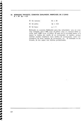 58. BOBINADO TRIFASICO, CONEXION DAHLANDER, IMBRICADO, DE 2 CAPAS
K = 24 2p = 412
N.O de ranuras: K = 24
N." de polos: 2p = 412
N." de fases: q = 3
Bobinado en conexión Dahlander para dos velocidades: una, eil coile-
xión triángulo, para 1 500 r.p.m. (4 polos); otra, en conexión doble es-
trella, para 3 000 r.p.m. (2 polos). El paso de la velocidad menor a la
mayor se realiza por medio de un conmutador de tambor, aunque
también pueden emplearse otros medios de conmutación, como con-
mutadores de levas, equipos de contactores, etc... El bobinado es im-
bricado, de dos capas, con bobinas prefabricadas.
 