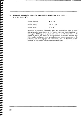 59. BOBINADO TRIFASICO, CONEXION DAHLANDER, IMBRICADO, DE 2 CAPAS
K = 36 2p = 1216
N.O de ranuras: K = 36
N." de polos: 2p = 12/6
N.O de fases: q = 3
Bobinado en conexión Dahlander, para dos velocidades: una, en cone-
xión triángulo, para 500 r.p.m. (12 polos); otra, en conexión doble es-
trella, para 1000 r.p.m. (6 polos). El paso de la velocidad menor a la
mayor se realiza por medio de un conmutador de tambor, aunque tam-
bién pueden utilizarse otros procedimientos, como conmutadores de
palanca y de levas, equipos de contactores, etc... El bobinado es im-
bricado, de dos capas, con bobinas prefabricadas.
 