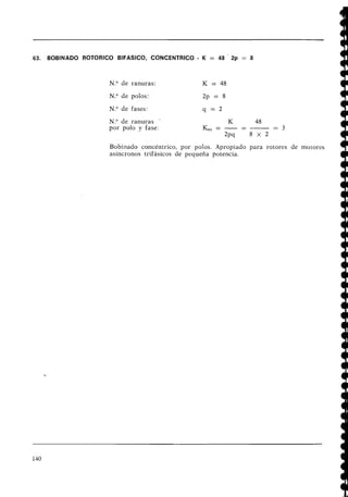 63. BOBINADO ROTORICO BIFASICO, CONCENTRICO - K = 48 2p = 8
N.O de ranuras: K = 48
N.O de polos: 2p = 8
N.O de fases: q = 2
N.O de ranuras '
por polo y fase:
Bobinado concéntrico, por polos. Apropiado para rotores de motores
asíncronos trifásicos de pequeña potencia.
 