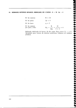 65. BOBINADO ROTORICO BIFASICO, IMBRICADO, DE 2 CAPAS - K = 32 2p = 4
N.O de ranuras:
N.O de polos:
N.O de fases:
N," de ranuras
por polo y fase:
K
-
32
K,, = - - - = 4
2pq 4 X 2
Bobinado imbricado de barras, de dos capas. Paso entero YB = 1 ~ 9 .
Apropiado para rotores de motores asíncronos trifásicos de mediana
potencia.
 