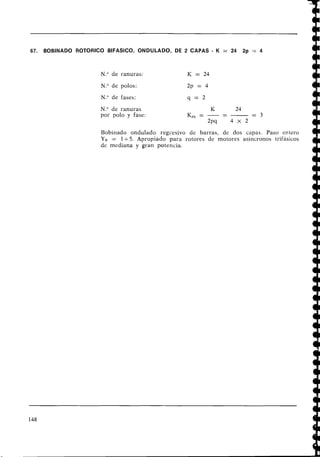 67. BOBINADO ROTORICO BIFASICO, ONDULADO, DE 2 CAPAS - K = 24 2p = 4
N.O de ranuras: K = 24
N
.
O de polos: 2p = 4
N
.
O de fases: q = 2
N.O de ranuras
por polo y fase:
Bobinado ondulado regi-esivo de barras, de dos capas. Paso entero
YB = 1+5. Apropiado para rotores de motores asíncronos trifásicos
de mediana y gran potencia.
 