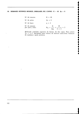 69. BOBINADO ROTORICO BIFASICO, ONDULADO, DE 2 CAPAS - K = 48 2p = 8
N.O de ranuras: K = 48
N.O de polos: 2p = 8
N.O de fases: q = 2
N.O de ranuras
por polo y fase:
Bobinado ondulado regresivo de barras, de dos capas. Paso entero
YB = 1+7. Apropiado para rotores de motores asíncronos trifásicos
de mediana y gran potencia.
 