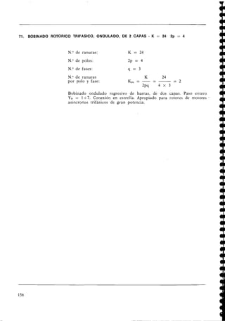 71. BOBINADO ROTORICO TRIFASICO, ONDULADO, DE 2 CAPAS - K = 24 2p = 4
N.O de ranuras: K = 24
N.O de polos:
N.O de fases:
N.O de ranuras
por polo y fase:
Bobinado ondulado regresivo de barras, de dos capas. Paso entero
Ys = 1-7. Conexión en estrella. Apropiado para rotores de motores .
asíncronos trifásicos de gran potencia.
156
 