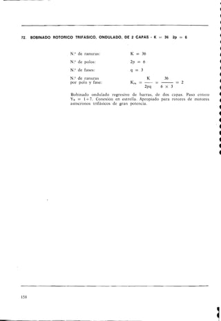 72. BOBINADO ROTORICO TRIFASICO, ONDULADO, DE 2 CAPAS - K = 36 2p = 6
N.O de ranuras: K = 36
N." de polos: 2p = 6
N." de fases: q = 3
N
: de ranuras
por polo y fase:
Bobinado ondulado regresivo de barras, de dos capas. Paso entero
YB = l s 7 . Conexión en estrella. Apropiado para rotores de motores
asíncronos trifásicos de gran potencia.
 