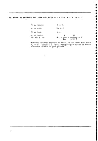 75. BOBINADO ROTORICO TRIFASICO, ONDULADO, DE 2 CAPAS - K = 36 2p = 12
N
.
O de ranuras: K = 36
N." de polos: 2p = 12
N." de fases: q = 3
N
.
O de ranuras
por polo y fase:
Bobinado ondulado regresivo de barras, de dos capas. Paso entero
YB = l f 4 . Conexión en estrella. Apropiado para rotores de motores
asíilcronos trifásicos de gran potencia.
 