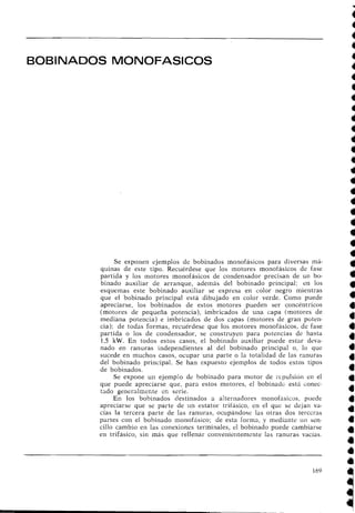 BOBINADOS MONOFASICOS
Se exponen ejemplos de bobinados monofásicos para diversas má-
quinas de este tipo. Recuérdese que los motores monofásicos de fase
partida y los motores monofásicos de condensador precisan de un bo-
binado auxiliar de arranque, además del bobinado principal; en los
esquemas este bobinado auxiliar se expresa en color negro mientras
que el bobinado principal está dibujado en color verde. Como puede
apreciarse, los bobinados de estos motores pueden ser c,oncéntricos
(motores de pequeña potencia), imbricados de una capa (motores de
mediana potencia) e imbricados de dos capas (motores de gran poten-
cia); de todas formas, recuérdese que los motores monofásicos, de fase
partida o los de condensador, se construyen para potencias de hasta
1,5 kW. En todos estos casos, el bobinado auxiliar puede estar deva-
nado en ranuras independientes al del bobinado principal o, lo que
sucede en muchos casos, ocupar una parte o la totalidad de las ranuras
del bobinado principal. Se han expuesto ejemplos de todos estos tipos
de bobinados.
Se expone un ejemplo de bobinado para motor de repulsión en el
que puede apreciarse que, para estos motores, el bobinadc está conec-
tado generalmente en serie.
El1 los bobinados destinados a alternadores monofásicos, puede
apreciarse que se parte de un estator tricásico, en el que se dejan va-
cías la tercera parte de las ranuras, ocupándose las otras dos terceras
partes con el bobinado rnonofásico; de esta r'orma, y mediante u11 sen-
cillo cambio en las conexiones terminales, el bobinado puede cambiarse
en trifásico, sin más que rellenar corivenieiltemente las ranuras vacías.
 
