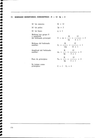 77. BOBINADO MONOFASICO, CONCENTRICO - K = 12 2p = 2
N.O de ranuras:
N.O de polos:
N.O de fases:
Bobinas por grupo U
y amplitud
del bobinado principal:
Bobinas del bobinado
auxiliar:
Amplitud del bobinado
auxiliar:
Paso de principios:
Se toman como
principios:
 
