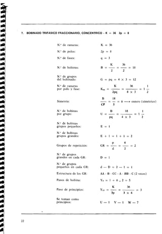 7. BOBINADO TRlFASlCO FRACCIONARIO, CONCENTRICO - K = 36 2p = 8
N.O de ranuras:
N.O de polos:
N." de fases:
N." de bobinas:
N." de grupos
del bobinado:
N.O de ranuras
por polo v fase:
Simetría:
N." de bobinas
por grupo:
N." de bobinas
grupos pequeños:
N." de bobinas
grupos grandes:
Grupos de repetición:
N." de grupos
grandes en cada GR:
N." de grupos
pequeños en cada GR:
Estructura de los GR:
Pasos de bobina:
Paso de principios:
Se toman como
principios:
B
-
18
- - - = 6 -+ entero (simétrico)
Cf 3
AA - B - CC - A - BB - C ( 2 veces)
 