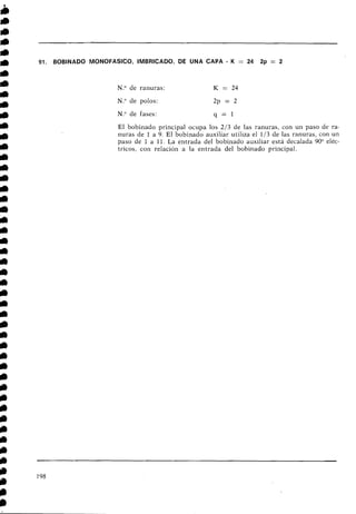 91. BOBINADO MONOFASICO, IMBRICADO, DE UNA CAPA - K = 24 2p = 2
N.O de ranuras: K = 24
N." de polos: -
3p = 2
N.O de fases: q = l
El bobinado principal ocupa los 2/3 de las ranuras, con un paso de ra-
nuras de 1 a 9. El bobinado auxiliar utiliza el 1/3 de las ranuras, con un
paso de 1 a 11. La entrada del bobinado auxiliar está decalada 90" eléc-
tricos, con relación a la entrada del bobinado principal.
 