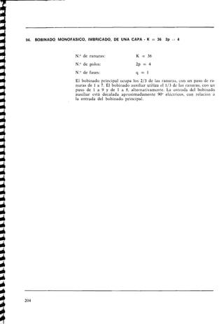 94. BOBINADO MONOFASICO, IMBRICADO, DE UNA CAPA - K = 36 2p := 4
N.O de ranuras: K = 36
N.O de polos: 2p = 4
N.O de fases: q = l
El bobinado principal ocupa los 213 de las ranuras, con un paso de ra-
nuras de 1 a 7. El bobiilado auxiliar utiliza el 113 de las ranuras, con un
paso de 1 a 9 y de 1 a 8, altei-nativamente. La entrada del bobinado
auxiliar está decalada aproximadamente 90" eléctricos, con relacióil a
la entrada del bobinado principal.
 