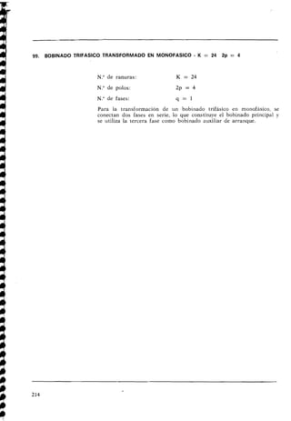 99. BOBINADO TRlFASlCO TRANSFORMADO EN MONOFASICO - K = 24 2p = 4
N
.
O de ranuras: K = 24
N . O de polos: 2p = 4
N." de fases: q = l
Para la transformación de un bobinado trifásico en monofásico, se
conectan dos fases en serie, lo que constituye el bobinado principal y
se utiliza la tercera fase como bobinado auxiliar de arranque.
 