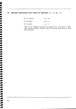 100. BOBINADO MONOFASICO PARA MOTOR DE REPULSION - K = 12 2p = 2
N.O de ranuras:
N.O de polos:
N.O de fases:
Como en los pequeños motores de repulsión no es necesario el bobi-
nado auxiliar, pueden utilizarse todas las ranuras para alojar el bobi-
nado principal.
 