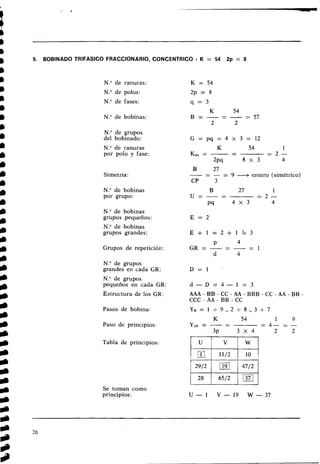 9. BOBINADO TRlFASlCO FRACCIONARIO, CONCENTRICO - K = 54 2p = 8
N
.
O de ranuras:
N
.
O de polos:
N." de fases:
N." de bobinas:
N." de grupos
del bobinado:
N
.
O de ranuras
por polo y fase:
Simetría:
N
.
O de bobinas
por grupo:
N." de bobinas
grupos pequeños:
N
.
O de bobinas
grupos grandes:
Grupos de repetición:
N
.
O de grupos
grandes en cada GR:
N." de grupos
pequeiíos en cada GR:
Estructura de los GK:
Pasos de bobina:
Paso de principios:
Tabla de principios:
Se toman como
principios:
B
-
27
- - - = 9 --+ entero (simétrico)
CP 3
AAA - BB - CC - AA - BBB - CC - AA - BB -
CCC - AA - BB - CC
 