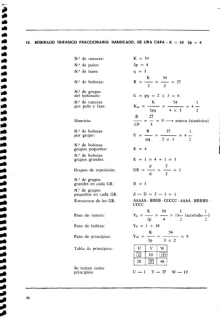 19. BOBINADO TRlFASlCO FRACCIONARIO, IMBRICADO, DE UNA CAPA - K = 54 2p = 4
N.O de ranuras: K = 54
N." de polos: 2p = 4
N.O de fases:
N." de bobinas:
N.O de grupos
del bobinado:
N
.
O de ranuras
por polo y fase:
Simetría:
K 54 1
-
K,, = -- = 4 -
2pq 4 x 3 2
B
-
27
_ - - - 9 --+ entero (simétrico)
CP 3
N.O de bobinas B 27 1
por grupo: U = - - - = 4 -
P9 2 x 3 2
N.O de bobinas
grupos pequeños: E = 4
N." de bobinas
grupos grandes: E + 1 = 4 + 1 = 5
P 2
Grupos de repetición: G R = - - - - - - 1
d 2
N.O de grupos
grandes en cada GR: D = l
N.O de grupos
pequeños en cada GR. d - D = 2 - 1 = 1
Estructura de los GR: AAAAA - BBBB - CCCCC - AAAA - BBBBB -
CCCC
Paso de ranura:
K
-
54 1 1
YK = -- -= 13- (acortado -)
2~ 4 2 2
Paso de bobina: YB = 1 t 14
K
-
54
Paso de principios: Yno = - - = 9
3~ 3 X 2
Tabla de principios:
Se toman como
principios: U - 1 V-37 W - 1 9
 