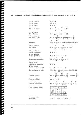 21. BOBINADO TRlFASlCO FRACCIONARIO, IMBRICADO, DE UNA CAPA - K = 54 2p = 8
N
.
O de ranuras:
N
.
O de polos:
N." de fases:
N.Ode bobinas:
N." de grupos
de1 bobinado:
N." de ranuras
por polo y fase:
Simetría:
N." de bobinas
por grupo:
N." de bobinas
grupos pequeños:
N." de bobinas
grupos grandes:
Grupos de repetición:
N." de grupos
grandes en cada GR:
N
.
O de grupos
pequeños en cada GR:
Estructura de los GR:
Paso de ranura:
Paso de bobina:
Paso de principios:
Tabla de principios:
Se toman como
principios:
G = p q = 4 X 3 = 1 2
K
-
54 1
Kpq = -- = 2 -
2 ~ q 8 x 3 4
B 27
= 9 --entero (simétrico)
CP 3
B
-
27 1
U = - - = 2 -
Pq 4 x 3 4
AAA - BB - CC - AA - BBB - CC - AA - BB -
CCC - AA - BB - CC
K
-
54 3 1
Y,'=--- = 6- (alargado -)
2~ 8 4 4
Y g = 1 + 8
K
-
54 1 9
Y
1
2
0 = - - = 4- = -
3~ 3 x 4 2 2
 