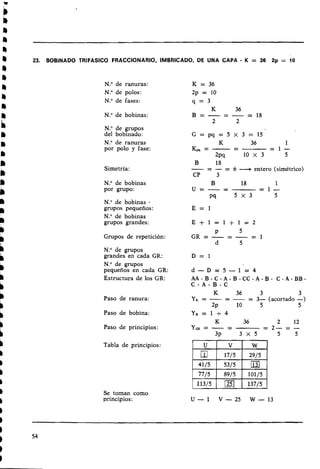 23. BOBINADO TRlFASlCO FRACCIONARIO, IMBRICADO, DE UNA CAPA - K = 36 2p = 10
N
.
O de ranuras:
N
.
O de polos:
N
.
O de fases:
N
.
O de bobinas:
N
.
O de grupos
del bobinado:
N
.
O de ranuras
por polo y fase:
Simetría:
N? de bobinas
por grupo:
N
.
O de bobinas
grupos pequeños:
N
.
O de bobinas
grupos grandes:
Grupos de repetición:
N? de grupos
grandes en cada GR:
N? de grupos
pequeños en cada GR:
Estructura de los 'GR:
Paso de ranura:
Paso de bobina:
Paso de principios:
Tabla de principios:
G = p q = 5 ~ 3 = 1 5
K 36 1
KM=-- - = 1 -
2pq 10 x 3 5
B 18
- = - = 6 --+ entero (simétrico)
CP 3
B 18 1
u = - - - = 1 -
P9 5 x 3 5
d - D = 5 - 1 = 4
A A - B - C - A - B - C C - A - B - C - A - B B -
C - A - B - C
K 36 3 3
Y K = - = - = 3- (acortada -)
2~ 10 5 5
Se toman como
principios: U-1 V - 2 5 W - 1 3
 
