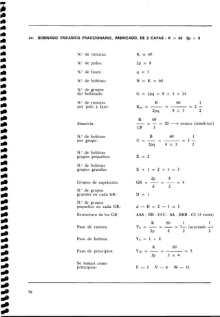 44. BOBINADO TRlFASlCO FRACCIONARIO, IMBRICADO, DE 2 CAPAS - K = 69 2p = 8
N.O de ranuras: K = 60
N.O de polos: 2p = 8
N.O de fases: q = 3
N.O de bobinas: B = K = 6 0
N.O de grupos
del bobinado:
N.O de ranuras K 60 1
-
por polo y fase: Kpq = -- = 2 -
2pq 8 x 3 2
Simetría:
N.O de bobinas
por grupo:
B 60
-
- - - = 20 d entero (simétrico)
CP 3
N.O de bobinas
grupos pequeños: E = 2
N.O de bobinas
grupos grandes: E + 1 = 2 + 1 = 3
2~ -
8
Grupos de repet.ición: G R . = - - - = 4
d 2
N.O de grupos
grandes en cada GR: D = l
N.O de grupos
pequeños en cada GR: d - D = 2 - 1 = 1
Estructura de los GR: AAA - BB - CCC - AA - BBB - CC (4 veces)
K
-
60 1 1
Paso de ranura: YK = - - - = 7- (acortado -)
2~ 8 2 2
Paso de bobina: Y B = 1 + 8
K
-
60
Paso de principios: Y120 = - - = 5
3~ 3 x 4
Se toman como
principios: U - 1 V - 6 W - 1 1
 