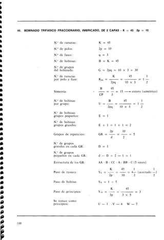 46. BOBINADO TRlFASlCO FRACCIONARIO, IMBRICADO, DE 2 CAPAS - K = 45 2p = 10
N." de ranuras:
N.O de polos:
N
.
O de fases:
N." de bobinas:
N." de grupos
del bobinado:
N." de ranuras
por polo y fase:
B 45
-
.. = 15 -4 entero (simétrico)
CP 3
Simetría:
N." de bobinas
por grupo:
N.u de bobinas
grupos pequeños:
N." de bobinas
grupos grandes:
Grupos de repetición:
N." de grupos
grandes en cada GR:
N." de grupos
pequeños en cada GR:
Estructura de los GR: AA - B - CC - A - BB - C (5 veces)
K 45 1 1
-
yK= - - - = 4- (acortado -)
2~ 1o 2 2
Paso de raiiurri:
Paso de bobina:
Paso de principios:
Se tornan como
principios:
 