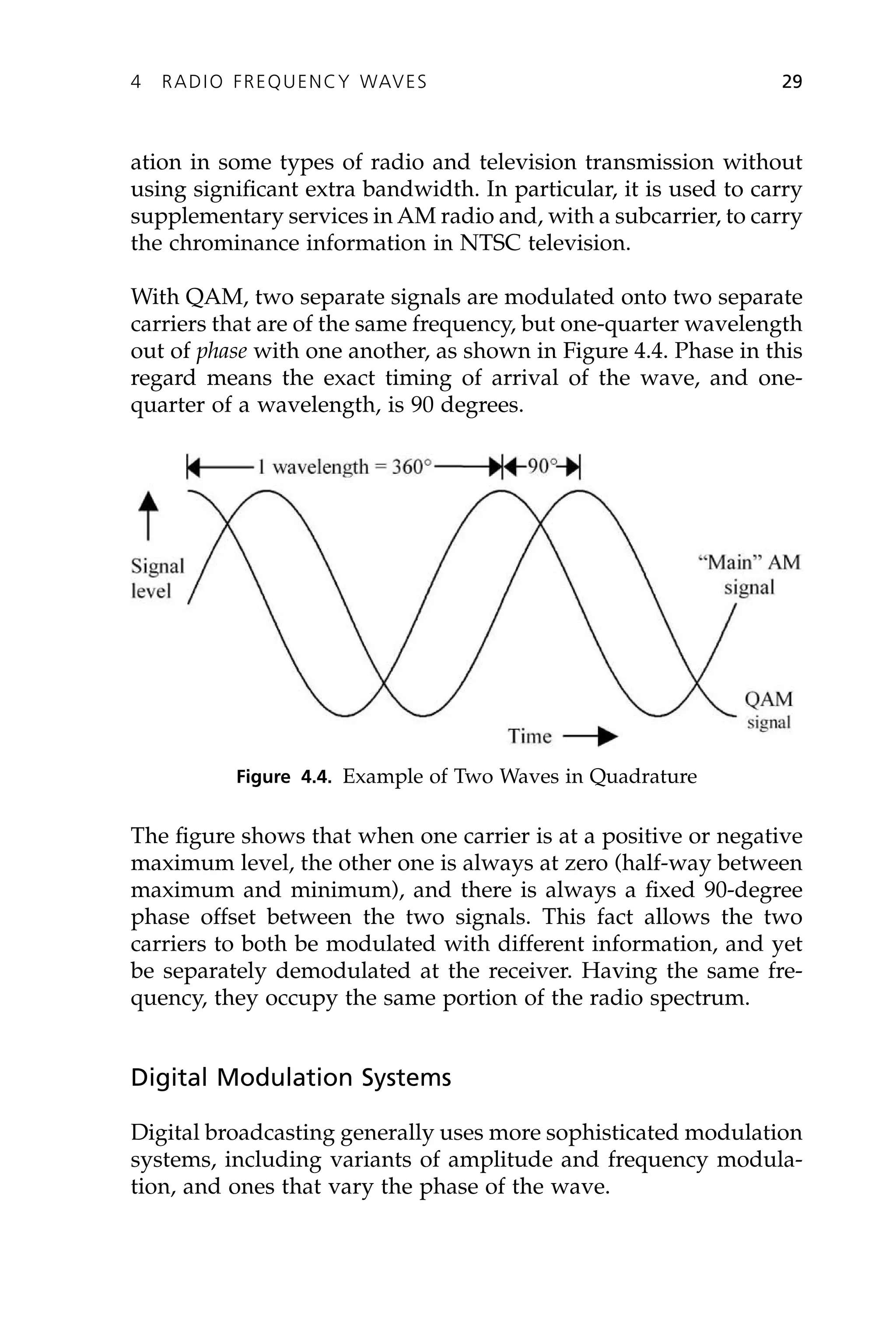 ation in some types of radio and television transmission without
using significant extra bandwidth. In particular, it is used to carry
supplementary services in AM radio and, with a subcarrier, to carry
the chrominance information in NTSC television.
With QAM, two separate signals are modulated onto two separate
carriers that are of the same frequency, but one-quarter wavelength
out of phase with one another, as shown in Figure 4.4. Phase in this
regard means the exact timing of arrival of the wave, and one-
quarter of a wavelength, is 90 degrees.
4 RADIO FREQUENCY WAVES 29
Figure 4.4. Example of Two Waves in Quadrature
The figure shows that when one carrier is at a positive or negative
maximum level, the other one is always at zero (half-way between
maximum and minimum), and there is always a fixed 90-degree
phase offset between the two signals. This fact allows the two
carriers to both be modulated with different information, and yet
be separately demodulated at the receiver. Having the same fre-
quency, they occupy the same portion of the radio spectrum.
Digital Modulation Systems
Digital broadcasting generally uses more sophisticated modulation
systems, including variants of amplitude and frequency modula-
tion, and ones that vary the phase of the wave.
 