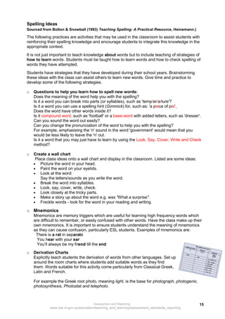 Spelling Ideas
Sourced from Bolton & Snowball (1993) Teaching Spelling: A Practical Resource, Heinemann.)

The following practices are activities that may be used in the classroom to assist students with
reinforcing their spelling knowledge and encourage students to integrate this knowledge in the
appropriate context.
It is not just important to teach knowledge about words but to include teaching of strategies of
how to learn words. Students must be taught how to learn words and how to check spelling of
words they have attempted.
Students have strategies that they have developed during their school years. Brainstorming
these ideas with the class can assist others to learn new words. Give time and practice to
develop some of the following strategies.

o   Questions to help you learn how to spell new words:
    Does the meaning of the word help you with the spelling?
    Is it a word you can break into parts (or syllables), such as 'temp/er/a/ture'?
    Is it a word you can use a spelling hint (Gimmick) for, such as: 'a piece of pie',
    Does the word have other words inside it?
    Is it compound word, such as 'football' or a base-word with added letters, such as 'dresser'.
    Can you sound the word out easily?
    Can you change the pronunciation of the word to help you with the spelling?
    For example, emphasising the 'n' sound in the word 'government' would mean that you
    would be less likely to leave the 'n' out.
    Is it a word that you may just have to learn by using the Look, Say, Cover, Write and Check
    method?

o   Create a wall chart
     Place class ideas onto a wall chart and display in the classroom. Listed are some ideas:
    • Picture the word in your head.
    • Paint the word on your eyelids.
    • Look at the word:
        Say the letters/sounds as you write the word.
    • Break the word into syllables.
    • Look, say, cover, write, check.
    • Look closely at the tricky parts.
    • Make a story up about the word e.g. was "What a surprise".
    • Freckle words - look for the word in your reading and writing.

o Mnemonics
    Mnemonics are memory triggers which are useful for learning high frequency words which
    are difficult to remember, or easily confused with other words. Have the class make up their
    own mnemonics. It is important to ensure students understand the meaning of mnemonics
    as they can cause confusion, particularly ESL students. Examples of mnemonics are:
     There is a rat in separate
      You hear with your ear
      You’ll always be my friend till the end
o   Derivation Charts
    Explicitly teach students the derivation of words from other languages. Set up
    around the room charts where students add suitable words as they find
    them. Words suitable for this activity come particularly from Classical Greek,
    Latin and French.

    For example the Greek root photo, meaning light, is the base for photograph, photogenic,
    photosynthesis, Photostat and telephoto.



                                       Assessment and Reporting                                 15
             www.det.nt.gov.au/education/teaching_and_learning/assessment_standards_reporting
 