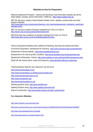 Websites to Use for Preparation

National Assessment Program - Literacy and Numeracy Test information website has all the
latest details, samples, parent information, FAQS etc: http://www.naplan.edu.au
DET NT site has a variety of administration details, forms, updates, practice tests and other
support materials:
http://www.deet.nt.gov.au/education/teaching_and_learning/assessment_standards_reporting/n
ap/index.shtml
DET Vic site has a variety of practice materials from Year 3 to Year 9:
http://www.vcaa.vic.edu.au/prep10/aim/index.html
DECS SA also has a selection of practice materials from Year 3 to Year 9:
http://www.decs.sa.gov.au/accountability/pages/Andrews




Various educational websites with a plethora of teaching, learning and assessment ideas:
Curriculum Corporation, Assessment for Learning: http://cms.curriculum.edu.au/assessment/
Assessment Training Institute: http://www.assessmentinst.com
Assessment is for Learning (AifL), Scotland http://www.ltscotland.org.uk/assess/index.asp
Department of Education, Victoria http://www.sofweb.vic.edu.au/blueprint/fs1/assessment.asp
Great UK site, lesson plans, scope and sequence www.standards.dfes.gov.uk/primary


Teaching literacy ideas for your classroom can be found
http://www.primaryideas.co.uk/
http://www.primaryideas.co.uk/literacy/punctuation.doc
http://www.primaryresources.co.uk/
http://www.senteacher.org/
http://www.teachingideas.co.uk/
Reading practice using http://www.starfall.com/
Spelling Practice using http://www.spelling.hemscott.net/
Rubrics Construction http://www.teach-nology.com/web_tools/rubrics/


Fun Interactive Websites



http://www.funbrain.com/verb/index.html

http://www.coxhoe.durham.sch.uk/curriculum/Literacy.htm#KS2%20On-line%20Activities%20NEW

http://www.internet4classrooms.com/skills

http://www.gamequarium.com/punctuation.html




                                       Assessment and Reporting                                 17
             www.det.nt.gov.au/education/teaching_and_learning/assessment_standards_reporting
 