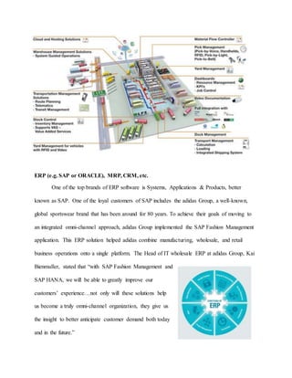 ERP (e.g. SAP or ORACLE), MRP, CRM, etc.
One of the top brands of ERP software is Systems, Applications & Products, better
known as SAP. One of the loyal customers of SAP includes the adidas Group, a well-known,
global sportswear brand that has been around for 80 years. To achieve their goals of moving to
an integrated omni-channel approach, adidas Group implemented the SAP Fashion Management
application. This ERP solution helped adidas combine manufacturing, wholesale, and retail
business operations onto a single platform. The Head of IT wholesale ERP at adidas Group, Kai
Bienmuller, stated that “with SAP Fashion Management and
SAP HANA, we will be able to greatly improve our
customers’ experience…not only will these solutions help
us become a truly omni-channel organization, they give us
the insight to better anticipate customer demand both today
and in the future.”
 