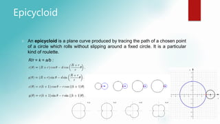 Epicycloid
 An epicycloid is a plane curve produced by tracing the path of a chosen point
of a circle which rolls without slipping around a fixed circle. It is a particular
kind of roulette.
R/r = k = a/b :
 