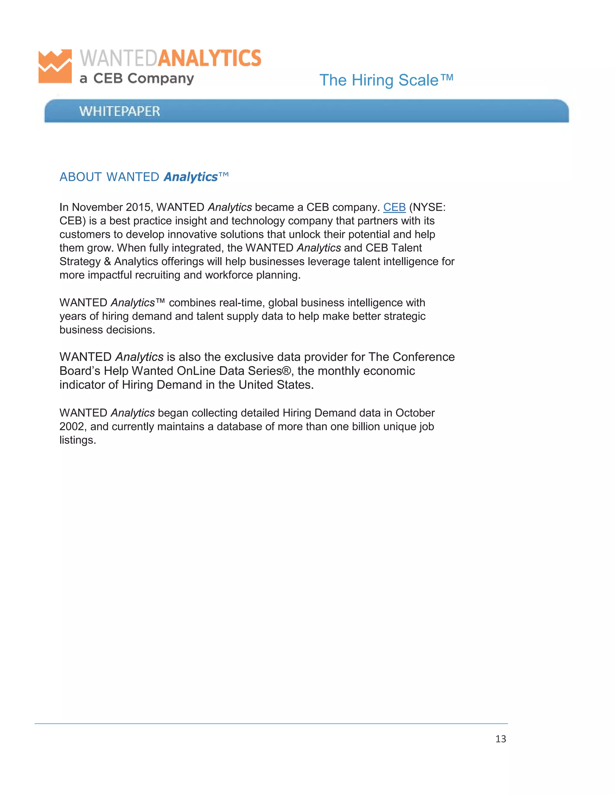 The Hiring Scale™
13
ABOUT WANTED Analytics™
In November 2015, WANTED Analytics became a CEB company. CEB (NYSE:
CEB) is a best practice insight and technology company that partners with its
customers to develop innovative solutions that unlock their potential and help
them grow. When fully integrated, the WANTED Analytics and CEB Talent
Strategy & Analytics offerings will help businesses leverage talent intelligence for
more impactful recruiting and workforce planning.
WANTED Analytics™ combines real-time, global business intelligence with
years of hiring demand and talent supply data to help make better strategic
business decisions.
WANTED Analytics is also the exclusive data provider for The Conference
Board’s Help Wanted OnLine Data Series®, the monthly economic
indicator of Hiring Demand in the United States.
WANTED Analytics began collecting detailed Hiring Demand data in October
2002, and currently maintains a database of more than one billion unique job
listings.
 