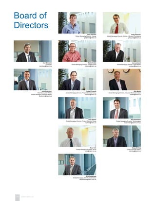 52 www.hatch.ca
Board of
Directors
Kurt Strobele
Chairman
kstrobele@hatch.ca
John Bianchini
Chief Executive Officer
Global Managing Director, Metals
jbianchini@hatch.ca
Rob Metka
Global Managing Director, Industrial Minerals  Coal
rmetka@hatch.ca
Rory Kirk
Global Managing Director, Africa
rkirk@hatch.co.za
Greg Fauquier
Global Managing Director, Mining  Mineral Processing
gfauquier@hatch.ca
Tony Hylton
Global Managing Director, Project Delivery Group
thylton@hatch.ca
Eric Kolatchew
Global Managing Director, Australasia
ekolatchew@hatch.com.au
Joe Lombard
Global Managing Director, Light Metals
jlombard@hatch.ca
Nils Voermann
Global Managing Director, Technologies
nvoermann@hatch.com.au
Martin Doble
Global Managing Director, Infrastructure
mdoble@hatch.ca
Robert Francki
Global Managing Director, Project Delivery Group
rfrancki@hatch.ca
John Pearson
Global Managing Director, Energy
jpearson@hatch.ca
Doug Stirling
Chief Financial Officer
dstirling@hatch.ca
 