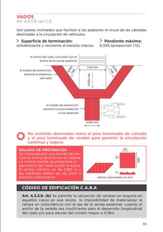 Pendiente máxima:
8,33% (proporción 1:12).
Superficie de terminación:
antideslizante y resistente al tránsito intenso.
VADOS							
Art 4.3.3.9. del C.E.
Son planos inclinados que facilitan a los peatones el cruce de las calzadas
destinadas a la circulación de vehículos.
No existirán desniveles entre el piso terminado de calzada
y el piso terminado de cordón para permitir la circulación
continua y segura.
25
5
400
60SOLADO DE PREVENCIÓN
Se materializará una banda de tex-
tura en forma de botones en relieve.
La misma banda acompañará el
perímetro del vado sobre la acera.
El ancho mínimo es de 0,80 m y
las baldosas deben ser de color y
textura contrastante. valores expresados en mm
0,80 mín
1,50 mín
8,33%máx
8,33%máx
8,33%
máx
el solado de prevención
advierte la presencia
del vado
el solado de prevención
advierte la proximidad del
cruce peatonal
el ancho del vado coincidirá con el
ancho de la senda peatonal
CÓDIGO DE EDIFICACIÓN C.A.B.A
Art. 4.3.3.9. (b) Se permite la ubicación de rampas en esquina en
aquellos casos en que exista la imposibilidad de materializar la
rampa en coincidencia con el eje de la senda peatonal, cuando el
ancho de la vereda sea insuficiente para el desarrollo longitudinal
del vado y/o para alturas del cordón mayor a 0,18m.
33
 