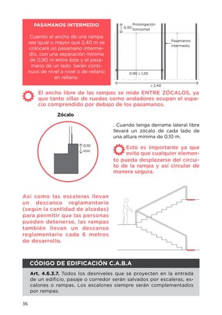 36
. Cuando tenga derrame lateral libre
llevará un zócalo de cada lado de
una altura mínima de 0,10 m.
Esto es importante ya que
evita que cualquier elemen-
to pueda desplazarse del circui-
to de la rampa y así circular de
manera segura.
0,10
mín
PASAMANOS INTERMEDIO
Cuando el ancho de una rampa
sea igual o mayor que 2,40 m se
colocará un pasamano interme-
dio, con una separación mínima
de 0,90 m entre éste y el pasa-
mano de un lado. Serán conti-
nuos de nivel a nivel o de rellano
en rellano.
0,30
≥ 2,40
0,90 ≥ 1,20
Prolongación
horizontal
Pasamanos
intermedio
El ancho libre de las rampas se mide ENTRE ZÓCALOS, ya
que tanto sillas de ruedas como andadores ocupan el espa-
cio comprendido por debajo de los pasamanos.
Zócalo
Así como las escaleras llevan
un descanso reglamentario
(según la cantidad de alzadas)
para permitir que las personas
pueden detenerse, las rampas
también llevan un descanso
reglamentario cada 6 metros
de desarrollo.
CÓDIGO DE EDIFICACIÓN C.A.B.A
Art. 4.6.3.7. Todos los desniveles que se proyecten en la entrada
de un edificio, pasaje o corredor serán salvados por escaleras, es-
calones o rampas. Los escalones siempre serán complementados
por rampas.
 