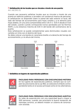 Señalización de los locales que se vinculas a través de una puerta:
Art. 4.6.3.10. (f)
Cuando sea necesario señalizar locales que se vinculan a través de una
puerta en edificios públicos o privados con asistencia masiva de personas,
la señalización se dispondrá sobre la pared del lado exterior al local, del
lado del herraje de accionamiento para hojas simples y a la derecha para
hojas dobles, en una zona comprendida entre 1,45 m ± 0,15 m desde el nivel
del solado, usando cuando corresponda íconos aprobados por las Normas
IRAM, a una distancia máxima de 0,10 m del borde del contramarco de la
puerta.
Esta señalización se puede complementar para disminuidos visuales con
carteles en tinta con el destino del local.
Se debe colocar una banda en caracteres braille a la derecha del herraje de
accionamiento y a la altura del mismo.
Señalética en lugares de espectáculos públicos:
FACILIDAD PARA PERSONAS CON DISCAPACIDAD MOTORA
En los lugares de espectáculos públicos, siempre que se cum-
plan las previsiones de la Ley 962, se colocará el símbolo corres-
pondiente tanto en el acceso principal como en los alternativos.
FACILIDAD PARA PERSONAS CON DISCAPACIDAD AUDITIVA
En salas de espectáculos con una capacidad igual o mayor a
500 personas, cuando sea prioritaria la buena recepción de
mensajes sonoros, se deberá instalar un sistema de sonoriza-
ción asistida.
TEATRO
SAN MARTIN
SALA
NERUDA
BAÑO BAÑO
texto
en
braille
texto
en
braille
señalética señalética
Hoja doble Hoja simple
0,900,90
1,45
±
0,5
0,10 0,10
68
 