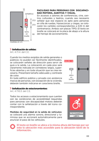 Señalización de salidas:
Art. 4.7.1.4. del C.E.
Cuando los medios exigidos de salida generales o
públicos no pueden ser fácilmente identificados,
se colocarán señales de dirección para servir de
guía a la salida. La colocación en cada piso será
claramente indicada en corredores largos, super-
ficies abiertas y en toda situación que se crea ne-
cesaria. Presentará tamaño adecuado y contraste
de color.
En todo edificio público y privado con asistencia
masiva de personas, con excepción de la vivienda,
deberán también indicarse en caracteres braille.
Señalización de estacionamientos:
Art. 4.7.10.3. del C.E.
Todos los accesos a estacionamiento que cuenten
con las condiciones de accesibilidad requeridas
para personas con discapacidad motora deberán
contar con la señalización a través del ícono co-
rrespondiente.
Medidas de seguridad en la salida de vehículos:
se colocará una alarma sonora, direccional y lu-
minosa que se accionará automáticamente para
anunciar el paso de los vehículos.
FACILIDAD PARA PERSONAS CON DISCAPACI-
DAD MOTORA, AUDITIVA Y VISUAL
En accesos a salones de conferencias, cine, cen-
tros culturales y teatros, cuando sea necesario
señalar que ese espacio es apto para personas
en silla de ruedas, hipoacúsicas y ciegas, se colo-
carán los carteles correspondientes a 0,10 m del
contramarco. Ambos son placas TIPO. El texto en
braille se colocará en la placa de abajo a la altura
del herraje de accionamiento.
ESTACIONAMIENTO
LADO A
SALIDA
placa
en
braille
TEXTO
texto
en
braille
señalética
90
medidas en cm
10
27,5
27,5
El texto en braille se ubica a la misma altura del herraje por ser
esta la ubicación más accesible para la ubicación táctil de la
información.
69
 