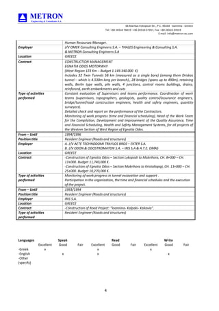 66 Marikas Kotopouli Str., P.C. 45444 Ioannina - Greece
Tel: +30 26510 76019 -+30 26510 37357, Fax: +30 26510 37019
E-mail: info@metron-ec.com
4
Human Resources Manager.
Employer J/V OMEK Consulting Engineers S.A. – THALES Engineering & Consulting S.A.
& METRON Consulting Engineers S.A
Location GREECE
Contract CONSTRUCTION MANAGEMENT
EGNATIA ODOS MOTORWAY
(West Region 123 Km – Budget 1.149.340.000 €)
Includes 32 Twin Tunnels 58 km (measured as a single bore) (among them Driskos
tunnel – which is 4.530m long per branch)., 28 bridges (spans up to 490m), retaining
walls, Berlin type walls, pile walls, 4 junctions, control rooms buildings, drains,
reinforced, earth embankments and cuts
Type of activities
performed
Constant evaluation of Supervisors and teams performance. Coordination of work
teams (supervisors, topographers, geologists, quality control/assurance engineers,
bridge/tunnel/road construction engineers, health and safety engineers, quantity
surveyors).
Detailed check and report on the performance of the Contractors.
Monitoring of work progress (time and financial scheduling), Head of the Work Team
for the Compilation, Development and Improvement of the Quality Assurance, Time
and Financial Scheduling, Health and Safety Management Systems, for all projects of
the Western Section of West Region of Egnatia Odos.
From – Until 1994/1996
Position title Resident Engineer (Roads and structures)
Employer Α. J/V AETE TECHNODOMI TRAYLOS BROS – EKTER S.A.
Β. J/V ODON & ODOSTROMATON S.A. – IRIS S.A & A.T.E. OMAS
Location GREECE
Contract -Construction of Egnatia Odos – Section Lykopodi to Makrihora, CH. 8+000 – CH.
13+000. Budget 11,740,000 €.
-Construction of Egnatia Odos – Section Makrihora to Kristallopigi, CH. 13+000 – CH.
25+000. Budget 10,270,000 €.
Type of activities
performed
Monitoring of work progress in tunnel excavation and support .
Participation in the organization, the time and financial schedules and the execution
of the project.
From – Until 1993/1994
Position title Resident Engineer (Roads and structures)
Employer IRIS S.A.
Location GREECE
Contract -Construction of Road Project: “Ioannina- Kalpaki- Kakavia”.
Type of activities
performed
Resident Engineer (Roads and structures)
Languages Speak Read Write
Excellent Good Fair Excellent Good Fair Excellent Good Fair
-Greek x x x
-English x x x
-Other
(specify)
 