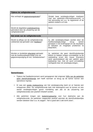 103
Tijdens de veiligheidsronde
Hoe verloopt de gegevensregistratie? Omdat twee verpleegkundigen meelopen
met een patiënten-informatieoverzicht, is
het eenvoudig om o.a. te registreren of de
patiënt mobiel is of niet.
Wordt de dagelijkse praktijkwerking
gehinderd door de uitvoering van de
veiligheidsronde?
Neen
Het einde van de veiligheidsronde
Wordt na afloop van de veiligheidsronde
voldoende tijd gemaakt voor feedback?
Ja, alle verpleegkundigen werden door de
hoofdverpleegkundige terug samen
geroepen in de briefingzaal om de resultaten
te bekijken en mogelijke problemen te
bespreken.
Worden er duidelijke afspraken gemaakt
met de hoofdverpleegkundige over de
gegevensopvolging en evt. verbeteracties?
Ja, patiënten die geen identificatiebandje
bleken te hebben kregen onmiddellijk na de
vaststelling ervan een nieuw. Eveneens
werd geconstateerd dat een patiënt geen
bedkaartje had. Ook dit werd onmiddellijk
rechtgezet door de verpleegkundigen.
Opmerkingen:
 Tijdens het feedbackmoment werd aangegeven dat ongeveer 50% van de patiënten
geen identificatiebandje aan heeft wanneer ze terug op de kamer komen een
operatieve ingreep.
 Er was een goede medewerking van het verpleegkundig team en er heerste een
ontspannen sfeer. De veiligheidsronde leek niet bedreigend over te komen en een
aantal verpleegkundigen gaven mondeling aan dat ze de uitvoering van
veiligheidsrondes een positief initiatief vonden.
 Alle patiënten kregen een bedankingskaartje voor hun deelname aan de
veiligheidsronde. De patiënten reageerden positief wanneer de identificatiebandjes
werden bekeken door o.a. te zeggen: ‘het is goed dat U dat komt doen’.
 