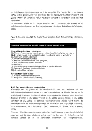 32
In de Belgische ziekenhuiscontext wordt de vragenlijst The Hospital Survey on Patient
Safety Culture gebruikt, die werd ontwikkeld door the Agency for Healthcare Research and
Quality (AHRQ) en vervolgens vanuit het Engels vertaald en gevalideerd werd naar het
Nederlands.
Dit instrument bestaat uit 42 vragen, gespreid over 12 dimensies die bestaan uit 10
veiligheidscultuurdimensies en 2 uitkomstdimensies (zie figuur 5) (Hellings, & Schrooten,
2008).
Figuur 5: Dimensies vragenlijst The Hospital Survey on Patient Safety Culture (Hellings, & Schrooten,
2008)
Dimensies vragenlijst The Hospital Survey on Patient Safety Culture
Tien veiligheidscultuur-dimensies:
D1. Manager/supervisor verwachtingen en acties die patiëntveiligheid bevorderen
D2. De wijze waarop de organisatie leert en voortdurend tracht te verbeteren
D3. Teamwerk binnen afdelingen
D4. Openheid naar communicatie
D5. Feedback en communicatie over veiligheid
D6. Niet bestraffende respons op fouten
D7. Bestaffing
D8. Ziekenhuismanagement ondersteuning voor patiëntveiligheid
D9. Teamwerk doorheen verpleegafdelingen
D10. Overdracht en transfer
Twee outcome dimensies:
O1. Globale perceptie over veiligheid
O2. Frequentie van ‘event’ rapportering
4.1.2 Een observatieteam samenstellen
Afhankelijk van de grootte en de beleidsstructuur van het ziekenhuis kan een
veiligheidsronde uitgevoerd worden door een observatieteam dat idealiter bestaat uit de
kwaliteitscoördinator, de medisch directeur, de verpleegkundig directeur en de algemeen
directeur (Frankel et al., 2003; Frankel et al., 2006; Levtzion-Korach et al., 2010;
Verschoor et al., 2007). In sommige wetenschappelijke artikels wordt hierbij de
aanwezigheid van de hoofdverpleegkundige en een notulist aan toegevoegd (Feitelberg,
2006; Frankel et al., 2005; Montgomery, 2008; Zimmerman, Ip, Daniels, Smith, & Shaver,
2008).
Wanneer veiligheidsrondes als nieuwe methodiek wordt ingevoerd in een ziekenhuis is het
opportuun dat de observatieteams geïnformeerd worden over de doelstellingen, het
concrete verloop en de te verwachten uitkomsten van veiligheidsrondes.
 