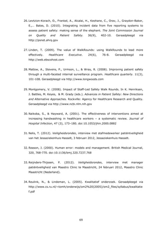 69
26. Levtzion-Korach, O., Frankel, A., Alcalai, H., Keohane, C., Orav, J., Graydon-Baker,
E.,… Bates, D. (2010). Integrating incident data from five reporting systems to
assess patient safety: making sense of the elephant. The Joint Commission Journal
on Quality and Patient Safety. 36(9), 402-10. Geraadpleegd via
http://psnet.ahrq.gov
27. Linden, T. (2009). The value of WalkRounds: using WalkRounds to lead more
effectively. Healthcare Executive. 24(6), 76-8. Geraadpleegd via
http://web.ebscohost.com
28. Matlow, A., Stevens, P., Urmson, L., & Wray, R. (2008). Improving patient safety
through a multi-faceted internal surveillance program. Healthcare quarterly. 11(3),
101-108. Geraadpleegd via http://www.longwoods.com
29. Montgomery, V. (2008). Impact of Staff-Led Safety Walk Rounds. In K. Henriksen,
J. Battles, M. Keyes, & M. Grady (eds.). Advances in Patient Safety: New Directions
and Alternative Approaches. Rockville: Agency for Healthcare Research and Quality.
Geraadpleegd via http://www.ncbi.nlm.nih.gov
30. Naikoba, S., & Hayward, A. (2001). The effectiveness of interventions aimed at
increasing handwashing in healthcare workers – a systematic review. Journal of
Hospital Infection, 47 (3), 173–180. doi:10.1053/jhin.2000.0882
31. Nelis, T. (2012). Veiligheidsrondes, interview met stafmedewerker patiëntveiligheid
van het Jessaziekenhuis Hasselt, 3 februari 2012, Jessaziekenhuis Hasselt.
32. Reason, J. (2000). Human error: models and management. British Medical Journal,
320, 768-770. doi:10.1136/bmj.320.7237.768
33. Reijnders-Thijssen, P. (2012). Veiligheidsrondes, interview met manager
patiëntveiligheid van Maastro Clinic te Maastricht, 24 februari 2012, Maastro Clinic
Maastricht (Nederland).
34. Reulink, N., & Lindeman, L. (2005). Kwalitatief onderzoek. Geraadpleegd via
http://www.cs.ru.nl/~tomh/onderwijs/om2%20(2005)/om2_files/syllabus/kwalitatie
f.pdf
 