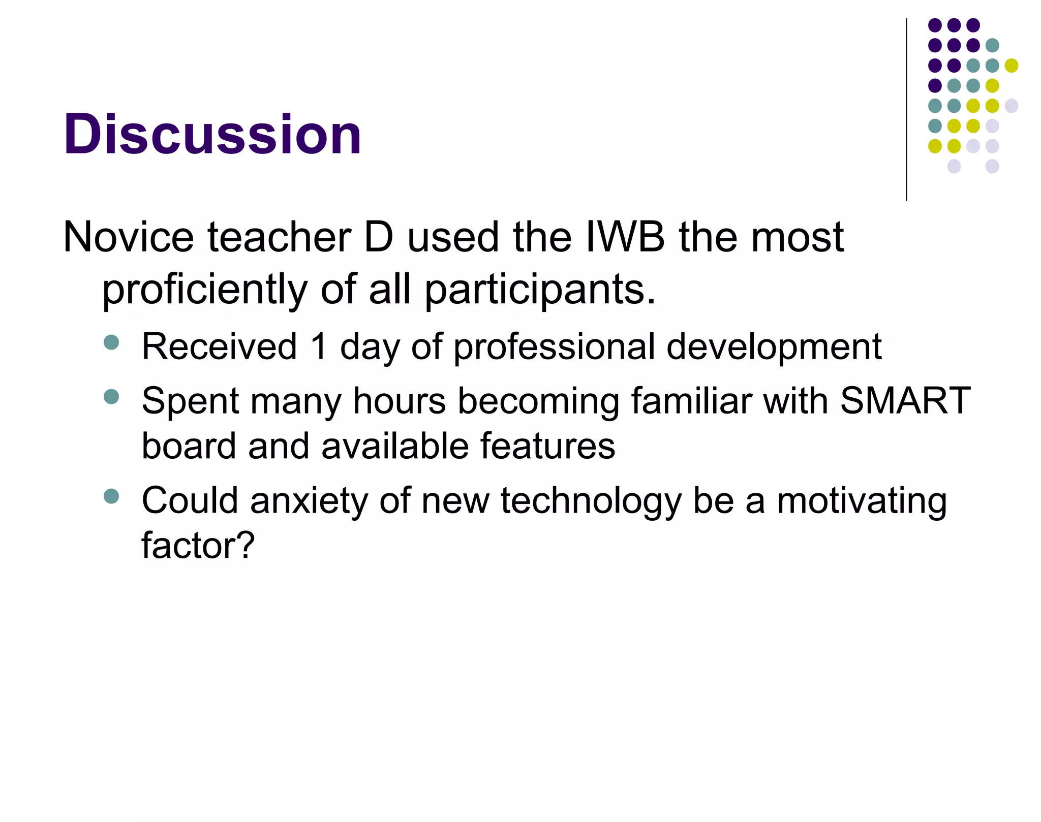 Discussion
Novice teacher D used the IWB the most
proficiently of all participants.
 Received 1 day of professional development
 Spent many hours becoming familiar with SMART
board and available features
 Could anxiety of new technology be a motivating
factor?
 