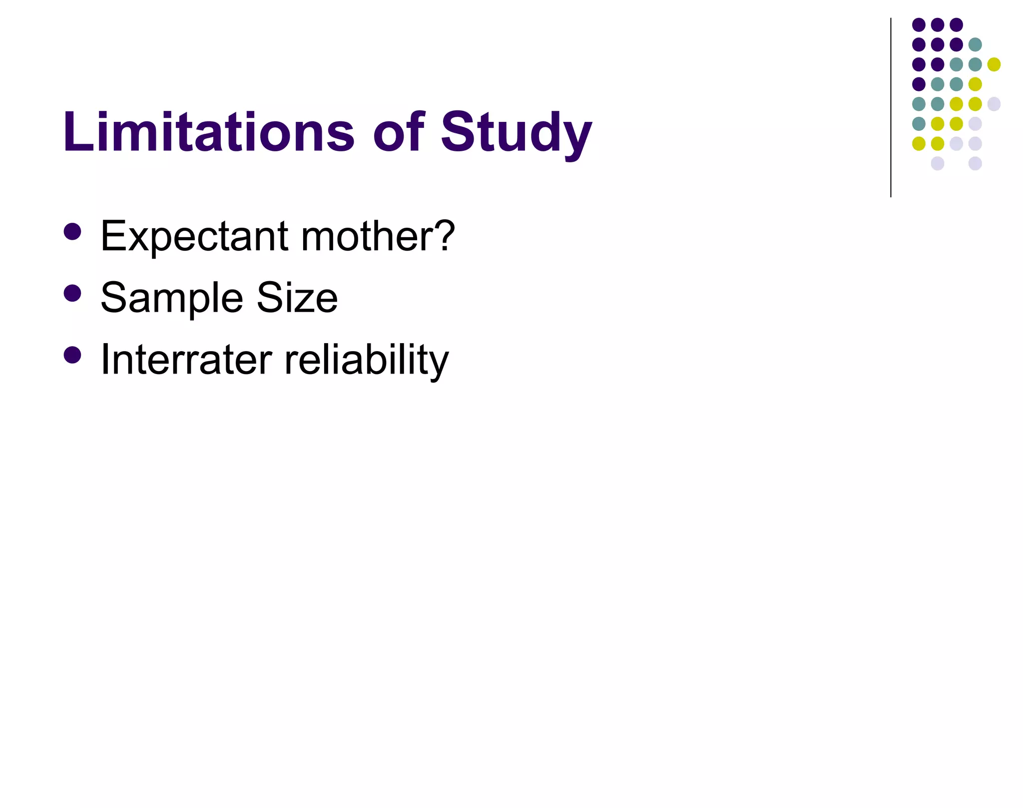 Limitations of Study
 Expectant mother?
 Sample Size
 Interrater reliability
 