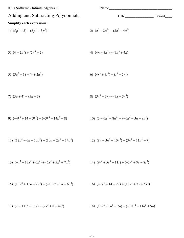 Adding And Subtracting Polynomials Worksheet
