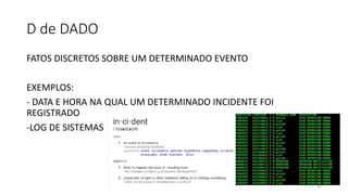 D de DADO
FATOS DISCRETOS SOBRE UM DETERMINADO EVENTO
EXEMPLOS:
- DATA E HORA NA QUAL UM DETERMINADO INCIDENTE FOI
REGISTRADO
-LOG DE SISTEMAS
10
 