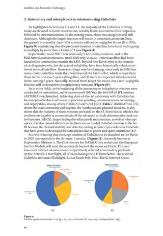 Satellites and Innovative Technology
14
3. Astronomy and interplanetary missions using CubeSats
As highlighted in Sections 1.3 and 2.1, the majority of the CubeSats orbiting
today are devoted to Earth observation, notably from two commercial companies,
followed by communications. In the coming years, these two categories will still
dominate. Although the largest increase will occur in communication satellites,
the growth in scientific (non-EO) missions will not be negligible (from 10 to 20%,
Figure 9) considering that the predicted number of satellites to be launched is going
to multiply by more than a factor of 3 (see Figure 4).
In particular, until 2017 there were only 5 astronomy missions, and in the
field interplanetary missions, until 2018 only 14 nano−/microsatellites had been
launched to destinations outside the LEO. Beyond-the-Earth orbit is the domain
of civil agencies who, for the sake of reliability, have been historically reluctant to
invest in small satellites. However, things may be changing, since only in 2018 four
nano−/microsatellites made their way beyond the Earth orbit, which is more than
those in the previous 5 years all together, and 35 more are expected to be launched
in the coming 5 years. Naturally, most of them target the moon, but a non-negligible
fraction will be devoted to interplanetary missions (Figure 10).
As in other fields, at the beginning all the astronomy or heliophysics missions were
conducted by universities, and it was not until 2017 that the first NASA JPL mission
(ASTERIA) was launched. Achieving state-of-the-art astronomy with CubeSats has
become possible due to advances in precision pointing, communications technology,
and deployables, among others (Tables 5.1 and 5.2 of [40]). Table 7, distilled from [21],
shows the main astronomy and beyond-the-Earth past and planned missions. It also
shows that the majority of these missions are based on the 6 U form factor, which is the
smallest one capable to accommodate all the advanced attitude determination and con-
trol systems (ADCS), larger deployable solar panels and antennas, as well as telescope
optics. It is also remarkable that so far there are no funded CubeSat missions in the far
IR because the thermal stability and detector cooling require cryo-coolers for CubeSats
that haveyet to be developed for astrophysics due to power and space limitations [41].
It is worth noting that the large number of CubeSats to be launched to the Moon
in 2020 corresponds to the Artemis-1 mission (Figure 11), formerly known as
Exploration Mission-1. The first mission for NASA’s Orion rocket and the European
Service Module will send the spacecraft beyond the moon and back. Thirteen
low-cost CubeSat missions were competitively selected as secondary payloads
on the Artemis-1 test flight, all of them having the 6 U form factor. The selected
CubeSats are Lunar Flashlight, Lunar South Pole, Near-Earth Asteroid Scout,
Figure 9.
Satellite application trends (1–50 kg): (a) 2014–2018 and (b) 2019–2023 (adapted from [14]).
 