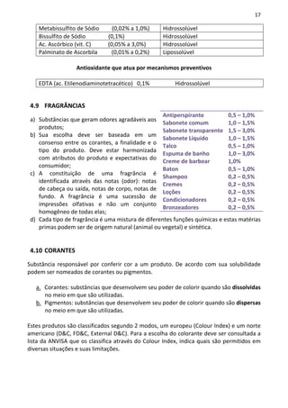 17

    Metabissulfito de Sódio     (0,02% a 1,0%)     Hidrossolúvel
    Bissulfito de Sódio       (0,1%)               Hidrossolúvel
    Ac. Ascórbico (vit. C)    (0,05% a 3,0%)       Hidrossolúvel
    Palminato de Ascorbila      (0,01% a 0,2%)     Lipossolúvel

                  Antioxidante que atua por mecanismos preventivos

    EDTA (ac. Etilenodiaminotetracético) 0,1%           Hidrossolúvel


 4.9 FRAGRÂNCIAS
                                                    Antiperspirante          0,5 – 1,0%
 a) Substâncias que geram odores agradáveis aos
                                                    Sabonete comum           1,0 – 1,5%
    produtos;
                                                    Sabonete transparente 1,5 – 3,0%
 b) Sua escolha deve ser baseada em um
                                                    Sabonete Líquido         1,0 – 1,5%
    consenso entre os corantes, a finalidade e o
                                                    Talco                    0,5 – 1,0%
    tipo do produto. Deve estar harmonizada
                                                    Espuma de banho          1,0 – 3,0%
    com atributos do produto e expectativas do
                                                    Creme de barbear         1,0%
    consumidor;
                                                    Baton                    0,5 – 1,0%
 c) A constituição de uma fragrância é
                                                    Shampoo                  0,2 – 0,5%
    identificada através das notas (odor): notas
                                                    Cremes                   0,2 – 0,5%
    de cabeça ou saída, notas de corpo, notas de
                                                    Loções                   0,2 – 0,5%
    fundo. A fragrância é uma sucessão de
                                                    Condicionadores          0,2 – 0,5%
    impressões olfativas e não um conjunto
                                                    Bronzeadores             0,2 – 0,5%
    homogêneo de todas elas;
 d) Cada tipo de fragrância é uma mistura de diferentes funções químicas e estas matérias
    primas podem ser de origem natural (animal ou vegetal) e sintética.


 4.10 CORANTES
Substância responsável por conferir cor a um produto. De acordo com sua solubilidade
podem ser nomeados de corantes ou pigmentos.

   a. Corantes: substâncias que desenvolvem seu poder de colorir quando são dissolvidas
      no meio em que são utilizadas.
   b. Pigmentos: substâncias que desenvolvem seu poder de colorir quando são dispersas
      no meio em que são utilizadas.

Estes produtos são classificados segundo 2 modos, um europeu (Colour Index) e um norte
americano (D&C, FD&C, External D&C). Para a escolha do colorante deve ser consultada a
lista da ANVISA que os classifica através do Colour Index, indica quais são permitidos em
diversas situações e suas limitações.
 