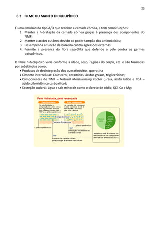 23

 6.2 FILME OU MANTO HIDROLIPÍDICO


É uma emulsão do tipo A/O que recobre a camada córnea, e tem como funções:
   1. Manter a hidratação da camada córnea graças à presença dos componentes do
      NMF;
   2. Manter a acidez cutânea devido ao poder tampão dos aminoácidos;
   3. Desempenha a função de barreira contra agressões externas;
   4. Permite a presença da flora saprófita que defende a pele contra os germes
      patogênicos.

O filme hidrolipídico varia conforme a idade, sexo, regiões do corpo, etc. e são formadas
por substâncias como:
   • Produtos de desintegração dos queratinócitos: queratina
   • Cimento intercelular: Colesterol, ceramidas, ácidos graxos, triglicerídeos;
   • Componentes do NMF – Natural Moisturinzing Factor (uréia, ácido lático e PCA –
     ácido pilorridônico carboxílico);
   • Secreção sudoral: água e sais minerais como o cloreto de sódio, KCl, Ca e Mg;
 