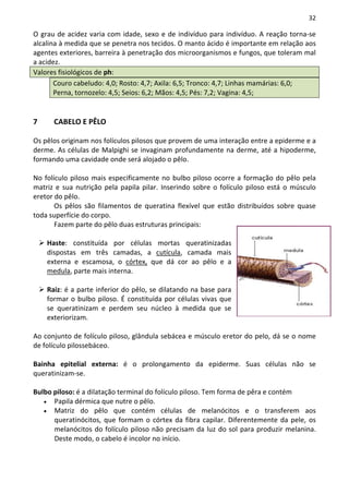 32

O grau de acidez varia com idade, sexo e de indivíduo para indivíduo. A reação torna-se
alcalina à medida que se penetra nos tecidos. O manto ácido é importante em relação aos
agentes exteriores, barreira à penetração dos microorganismos e fungos, que toleram mal
a acidez.
Valores fisiológicos de ph:
       Couro cabeludo: 4,0; Rosto: 4,7; Axila: 6,5; Tronco: 4,7; Linhas mamárias: 6,0;
       Perna, tornozelo: 4,5; Seios: 6,2; Mãos: 4,5; Pés: 7,2; Vagina: 4,5;


7     CABELO E PÊLO

Os pêlos originam nos folículos pilosos que provem de uma interação entre a epiderme e a
derme. As células de Malpighi se invaginam profundamente na derme, até a hipoderme,
formando uma cavidade onde será alojado o pêlo.

No folículo piloso mais especificamente no bulbo piloso ocorre a formação do pêlo pela
matriz e sua nutrição pela papila pilar. Inserindo sobre o folículo piloso está o músculo
eretor do pêlo.
       Os pêlos são filamentos de queratina flexível que estão distribuídos sobre quase
toda superfície do corpo.
       Fazem parte do pêlo duas estruturas principais:

    Haste: constituída por células mortas queratinizadas
    dispostas em três camadas, a cutícula, camada mais
    externa e escamosa, o córtex, que dá cor ao pêlo e a
    medula, parte mais interna.

    Raiz: é a parte inferior do pêlo, se dilatando na base para
    formar o bulbo piloso. É constituída por células vivas que
    se queratinizam e perdem seu núcleo à medida que se
    exteriorizam.

Ao conjunto de folículo piloso, glândula sebácea e músculo eretor do pelo, dá se o nome
de folículo pilossebáceo.

Bainha epitelial externa: é o prolongamento da epiderme. Suas células não se
queratinizam-se.

Bulbo piloso: é a dilatação terminal do folículo piloso. Tem forma de pêra e contém
   • Papila dérmica que nutre o pêlo.
   • Matriz do pêlo que contém células de melanócitos e o transferem aos
      queratinócitos, que formam o córtex da fibra capilar. Diferentemente da pele, os
      melanócitos do folículo piloso não precisam da luz do sol para produzir melanina.
      Deste modo, o cabelo é incolor no início.
 