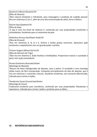 60

Sesamum Indicum (Sesame) Oil
(Óleo de Sésamo)
 Óleo natural emoliente e hidratante, para maquiagens e produtos de cuidado pessoal.
Rico em vitaminas A, B e C, além de uma alta concentração de cálcio, ferro e fósforo.

Glycine Soja (Soybean) Oil
(Óleo de Soja)
 A soja é uma rica fonte de vitamina E, conhecida por suas propriedades emolientes e
antioxidantes. Excelentes para o tratamento da pele.

Hellanthus Annuus (Sunflower Seed) Oil
(Óleo de Girassol)
 Rico em vitaminas A, B, D e E, lecitina e ácidos graxos essenciais. Apresenta ação
emoliente e reepitelizante com um grande poder nutritivo.

Trictum Vulgare (Wheat Germ) Oil
(Óleo de Gérmem de Trigo)
 Óleo rico em vitamina E, ácido linoleíco e fosfolipídios. Proporciona maciez e suavidade à
pele e tem ação antioxidante.

Persea Gratissima (Avocado) Butter
(Manteiga de Abacate)
 Mistura de óleos hidrogenados de abacate, coco e palma. O resultado é uma manteiga
sólida macia, de fácil incorporação. Composto principalmente do óleo de abacate, que é
rico em vitaminas e nutrientes naturais. Excelente emoliente, com sensorial diferenciado,
indicada para cremes e loções.

Theobroma Cacao (Cocoa) Seed Butter
(Manteiga de Cacau)
Tradicional emoliente para cosméticos, conhecido por suas propriedades hidratantes e
repositoras. Indicada para cremes, loções e produtos para os lábios.




21    REFERÊNCIAS BIBLIOGRÁFICAS
 