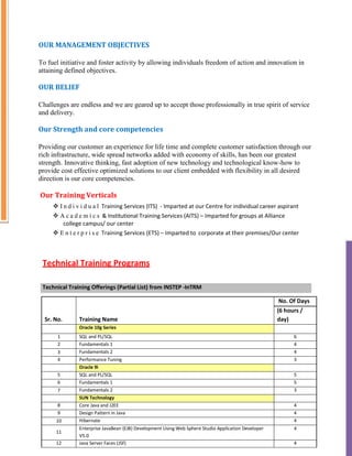 OUR MANAGEMENT OBJECTIVES
To fuel initiative and foster activity by allowing individuals freedom of action and innovation in
attaining defined objectives.
OUR BELIEF
Challenges are endless and we are geared up to accept those professionally in true spirit of service
and delivery.
Our Strength and core competencies
Providing our customer an experience for life time and complete customer satisfaction through our
rich infrastructure, wide spread networks added with economy of skills, has been our greatest
strength. Innovative thinking, fast adoption of new technology and technological know-how to
provide cost effective optimized solutions to our client embedded with flexibility in all desired
direction is our core competencies.
Our Training Verticals
 I n d i v i d u a l Training Services (ITS) - Imparted at our Centre for individual career aspirant
 A c a d e m i c s & Institutional Training Services (AITS) – Imparted for groups at Alliance
college campus/ our center
 E n t e r p r i s e Training Services (ETS) – Imparted to corporate at their premises/Our center
Technical Training Programs
Technical Training Offerings (Partial List) from INSTEP -InTRM
Sr. No. Training Name
No. Of Days
(6 hours /
day)
Oracle 10g Series
1 SQL and PL/SQL 6
2 Fundamentals 1 4
3 Fundamentals 2 4
4 Performance Tuning 3
Oracle 9i
5 SQL and PL/SQL 5
6 Fundamentals 1 5
7 Fundamentals 2 3
SUN Technology
8 Core Java and J2EE 4
9 Design Pattern in Java 4
10 Hibernate 4
11
Enterprise JavaBean (EJB) Development Using Web Sphere Studio Application Developer
V5.0
4
12 Java Server Faces (JSF) 4
 